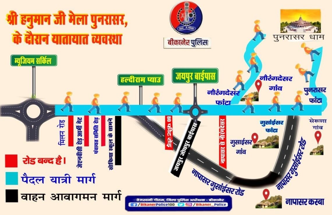 पूनरासर मेले का यह रहेगा रूट, पदयात्री और वाहनों के लिए ये होगी व्यवस्था