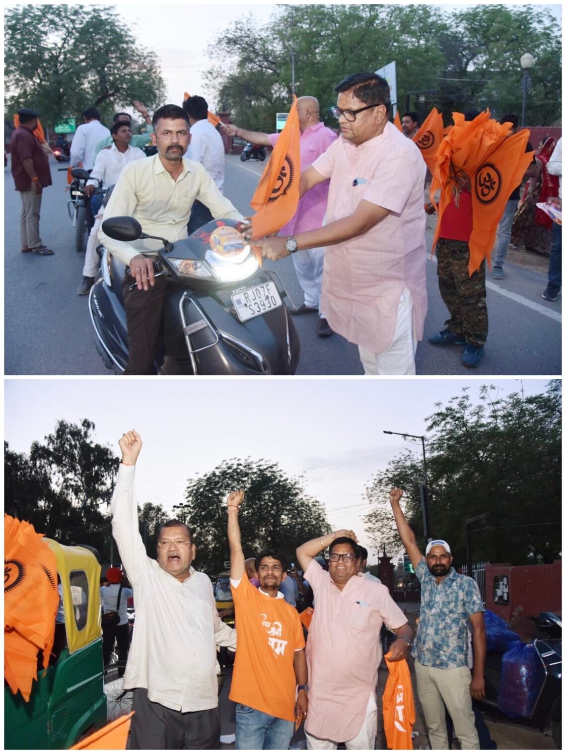 धर्मयात्रा तैयारी: नववर्ष समारोह समिति अध्यक्ष गणेश बोथरा और भाजपा नेता महावीर रांका की अगुवाई में वाहनों पर लगाए ध्वज व स्टीकर, टीशर्ट का किया वितरण