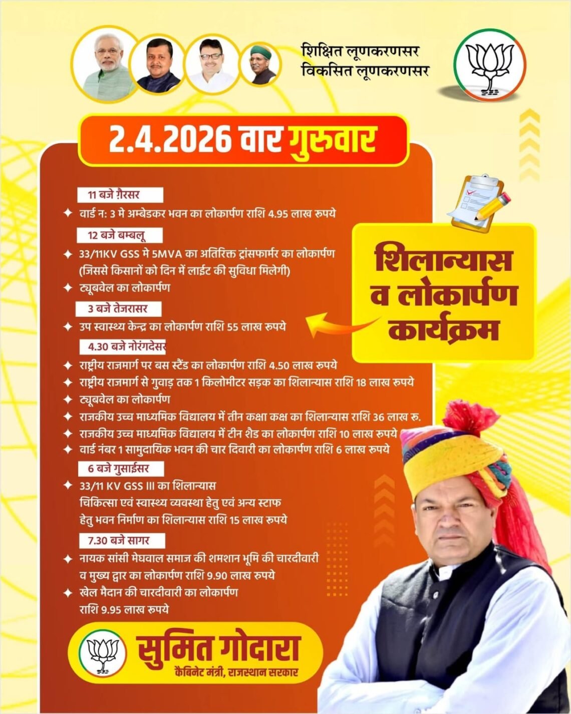 खाद्य मंत्री सुमित गोदारा गुरुवार को करेंगे विभिन्न विकास कार्यों का शिलान्यास-लोकार्पण